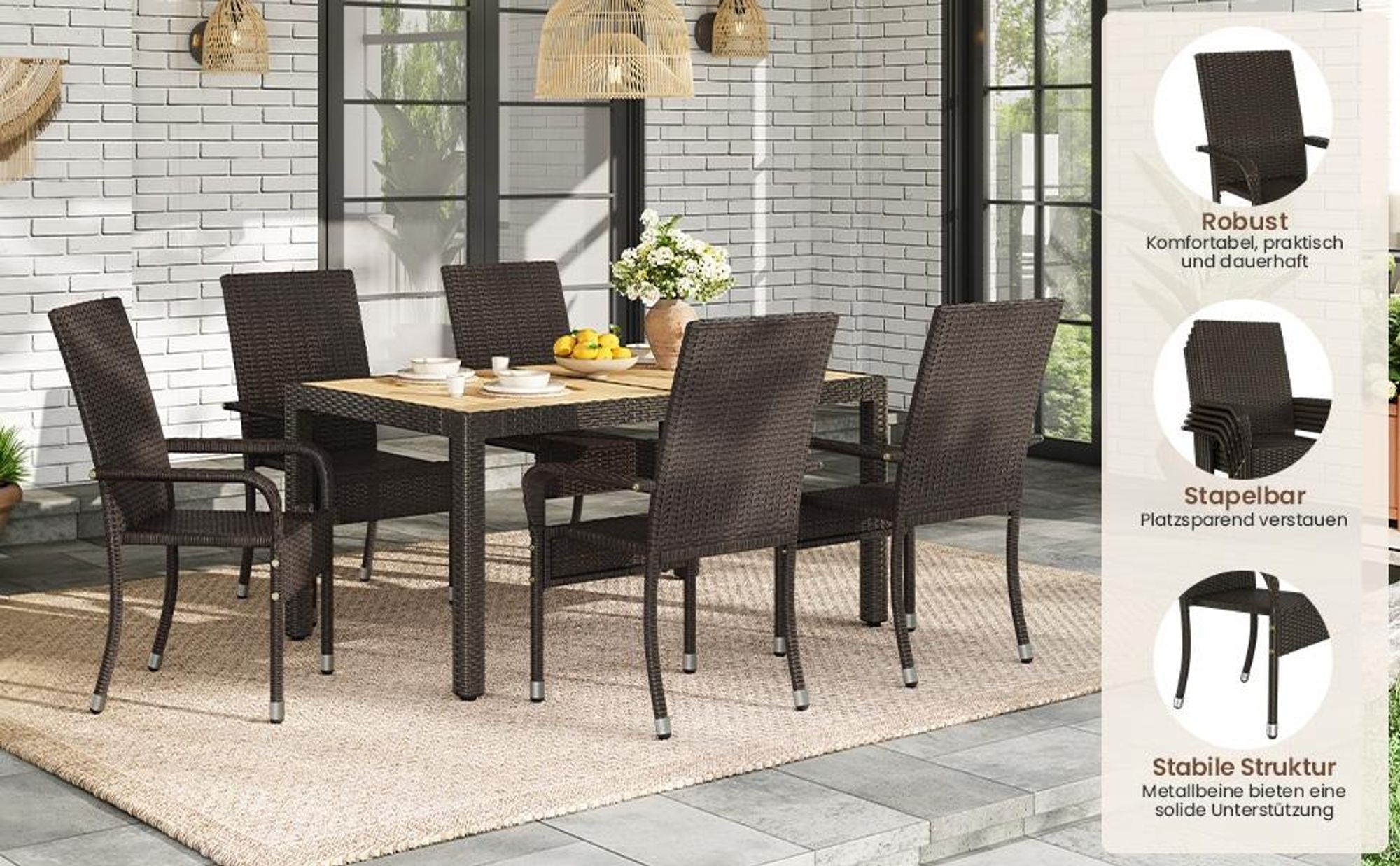 Yaheetech 2er Set Gartenstuhl aus Polyrattan, stapelbare Rattan-Stühle, mit Armlehnen & Rückenlehne, verstellbare Schutzfüße, Braun