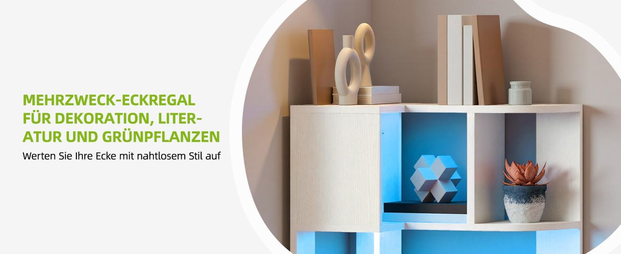 YITAHOME Bücherregal mit LED, Eckregal mit 6 Ebenen, 64 x 41,5 x 160 cm, Lagerregal, Standregal, Weiß