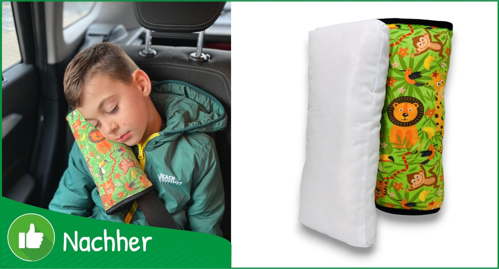 HECKBO® Dschungel Jungle Auto Schlafkissen für Kinder - maschinenwaschbar – kuschelweich hochwertiges Auto Gurtkissen, Gurtschoner, Gurtkissen, Gurtschutz, Kissen, Reisekissen, Urlaub - 30cm x 12cm