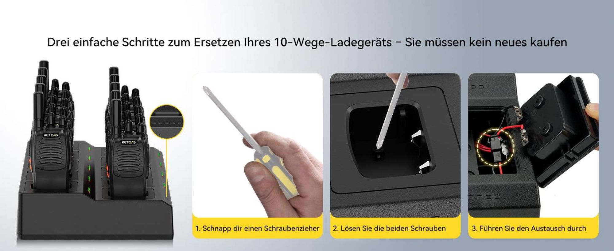 Retevis H777 Funkgeräte, PMR446 Funkgeräte Set Professionell, mit 10-Fach Ladegerät, mit Headset, USB-C, Handfunkgerät für Gewerbe Sicherheit Schule