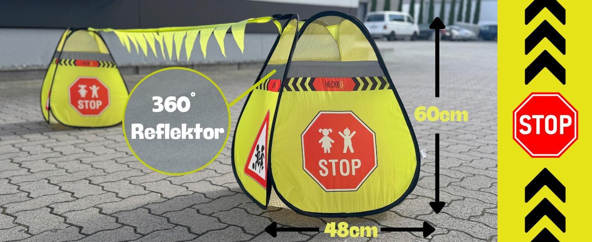 HECKBO 2x Straßenwarnschild Achtung Kinder Schild spielende Pylonen + Wimpelkette - Kinder Straßenpylone Kinder Sicherheit Safety Pop Up Set - Vorsich