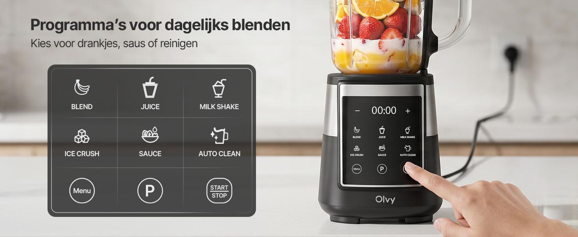 Olvy staafmixer, 1,5 liter glazen kan met 600 ml Tritan-beker, mixer met touchscreen, pulsefunctie en automatische reiniging, geschikt voor smoothies en het vermalen van ijs