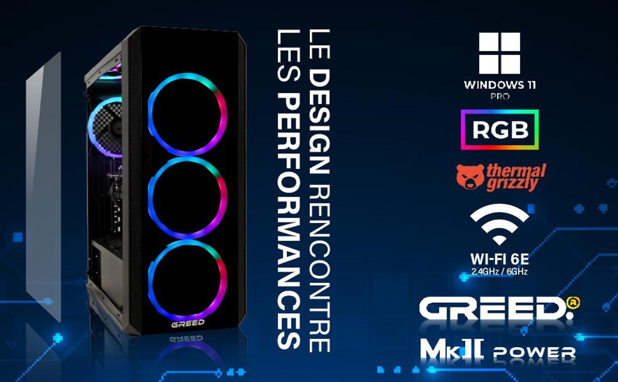 Greed® MK2 AMD Power - PC Gamer - AMD Ryzen 7 5700X - AMD Radeon RX 9070 16 Go - Ordinateur avec 4,7 GHz - 32 Go RAM - SSD 1 To - WLAN + Win 11 Pro