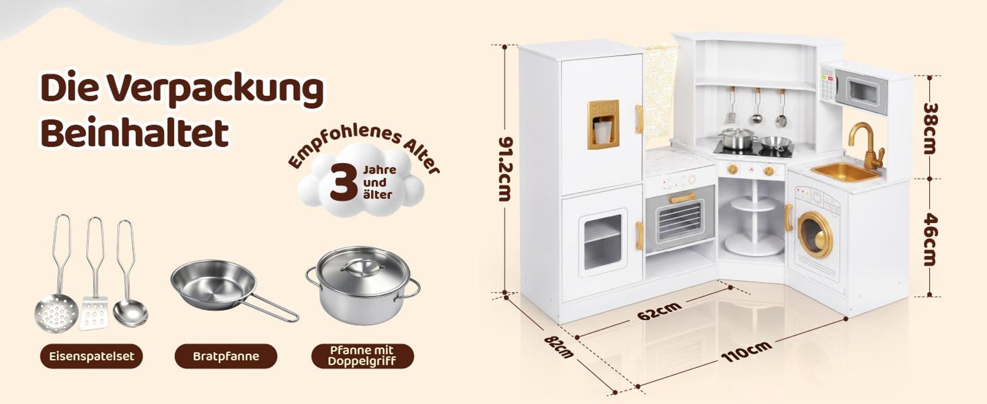 LEADZM Multifunktionale Spielküche Kinderküche aus Holz, Eck‑Design mit Kühlschrank, Waschmaschine, Backofen, Dreh‑Desserttisch, Metall‑Kochzubehör‑Set
