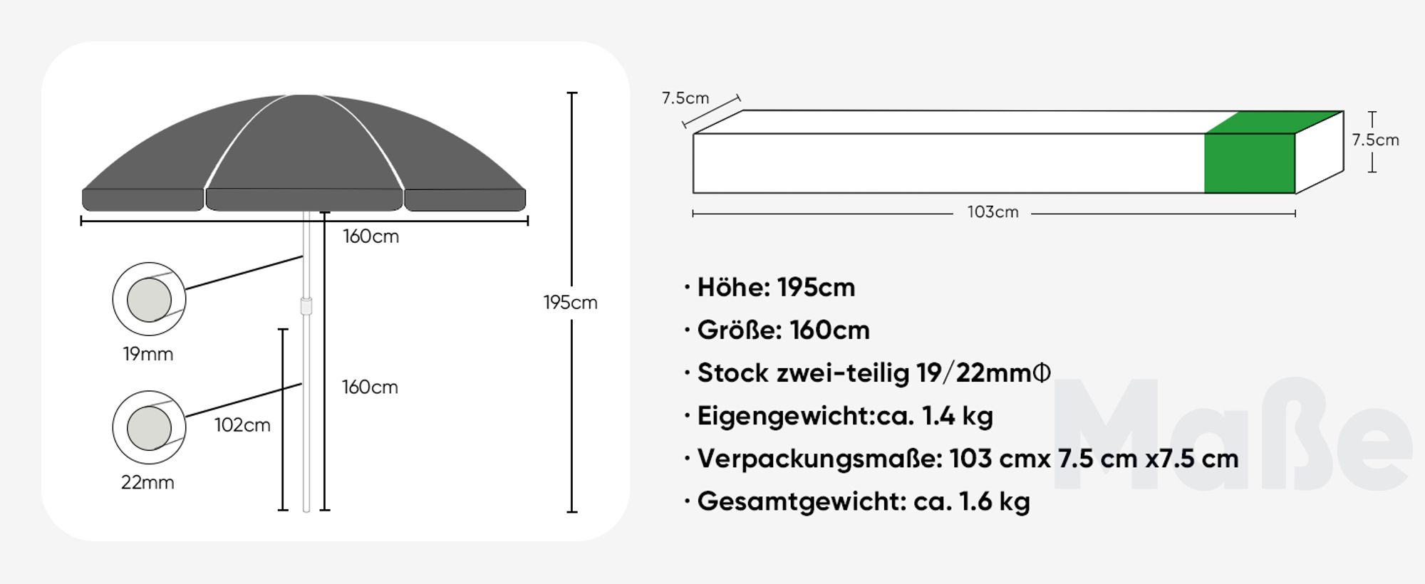 Sekey Sonnenschirm Rund Ø 160 cm Terrassen Gartenschirm Strandschirm mit kurbel & Schutzhülle Neigungswinkel und Höhe verstellbar, Dunkelgrau