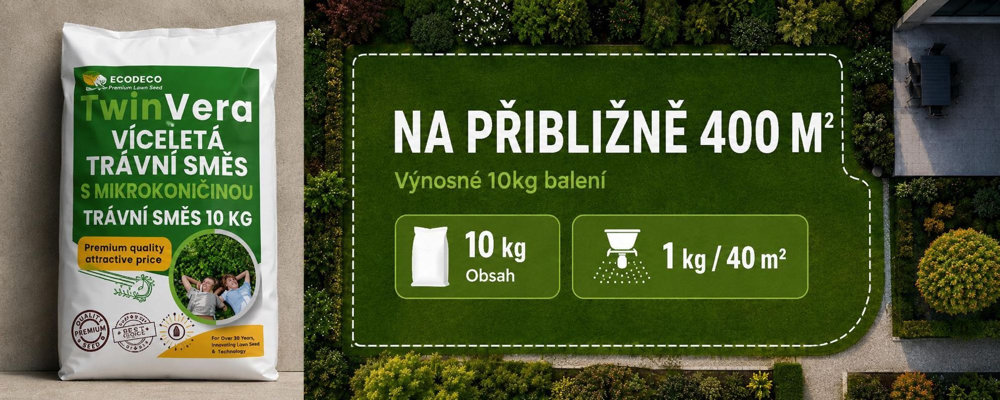 EcoDeco univerzální travní semeno s mikrojetelem, odolné proti sešlapu, 10 kg pro 400 m²