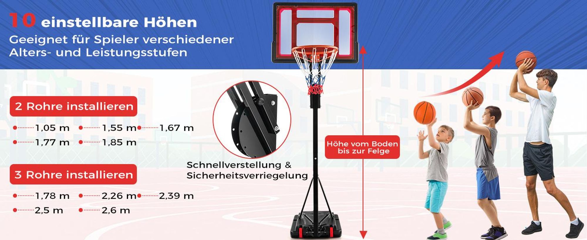 COSTWAY Basketballständer 228-265 cm höhenverstellbar, Basketballkorb mit Ständer & 2 Rädern, Korbanlage für Kinder, Erwachsene, mobiles Basketballanlage Indoor Outdoor