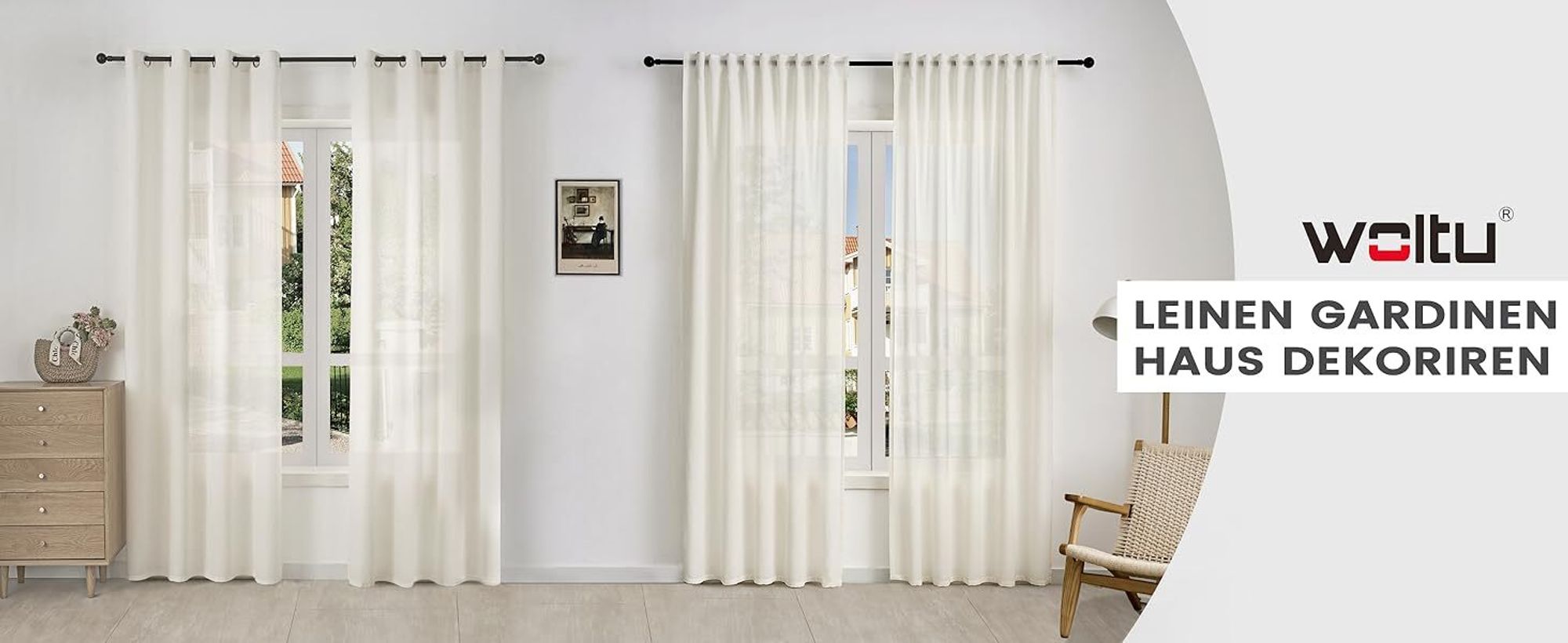 WOLTU 2er Set Leinenvorhänge mit Ösen Halbtransparent 245x135 cm Modern Creme