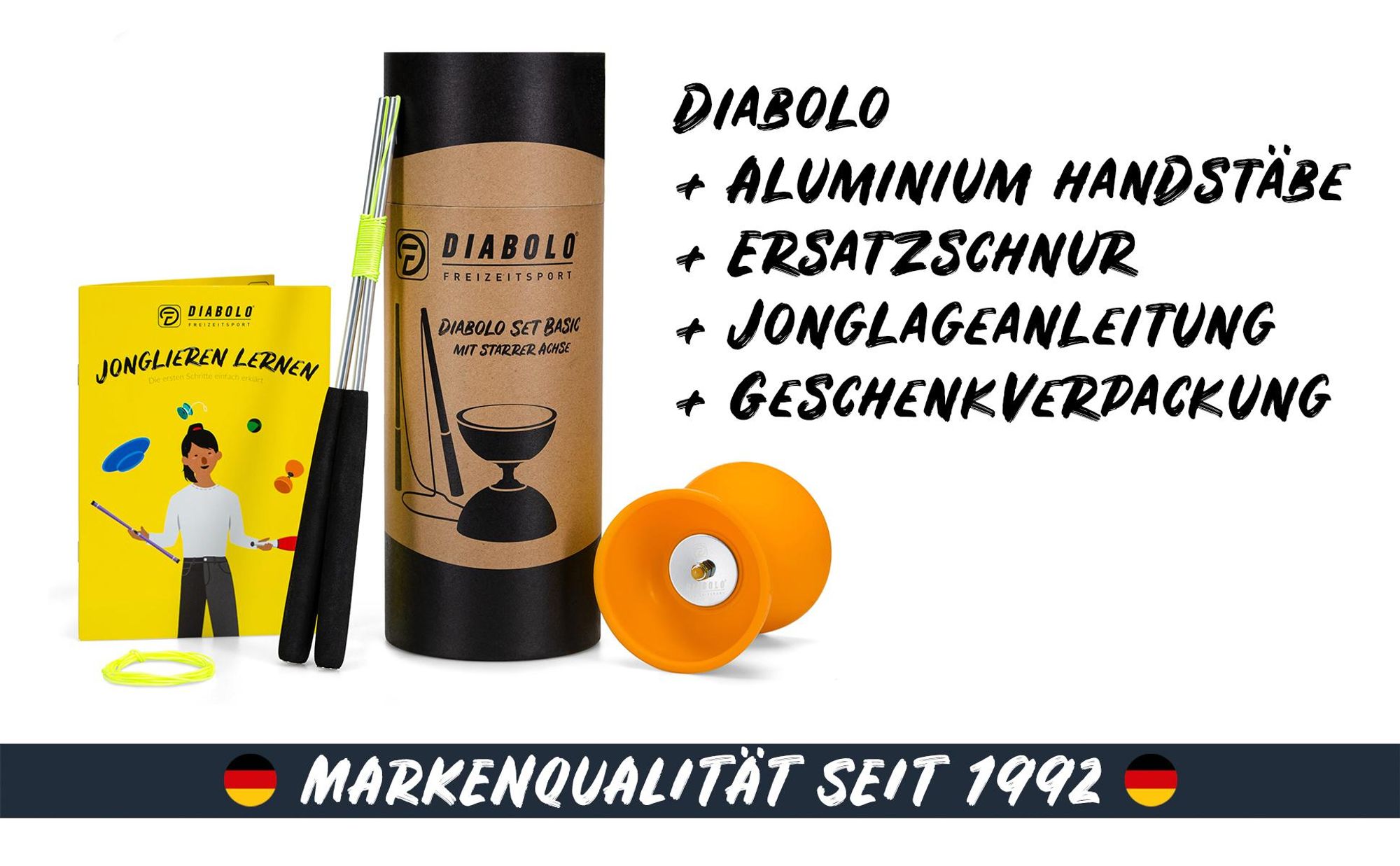 Diabolo Freizeitsport Diabolo Set Basic mit Schnur und Alu-Handstäben - Orange