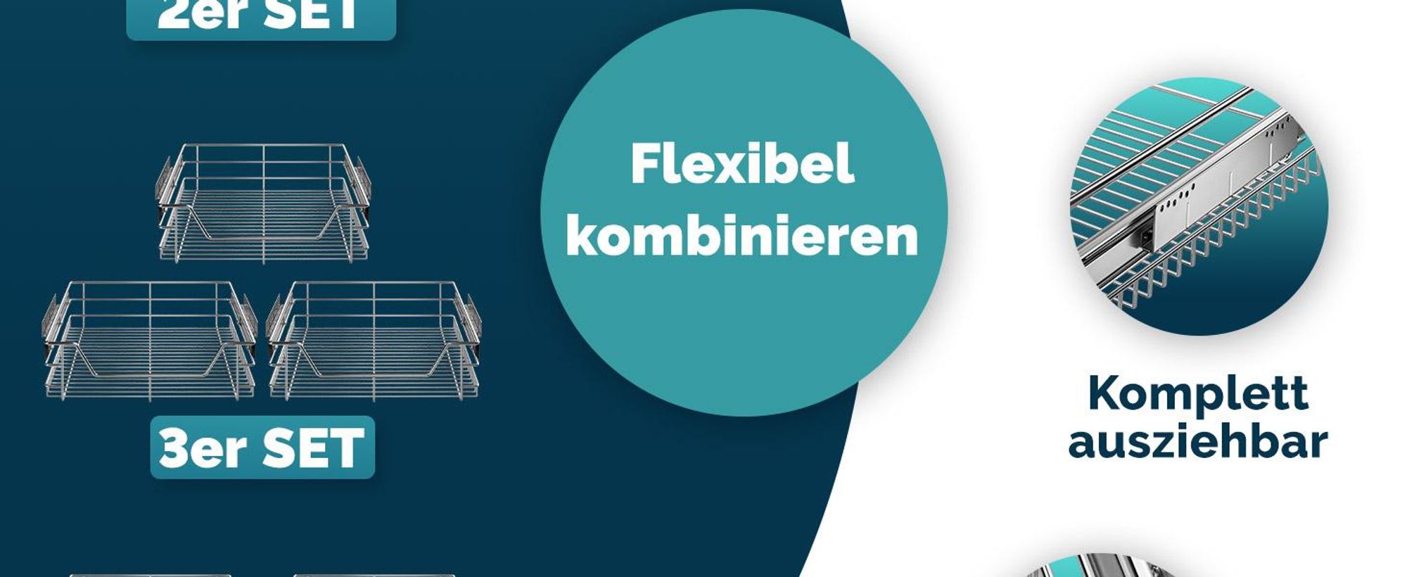 CASARIA® 3x Teleskopschublade Nachrüsten Schublade Küche 40cm 20kg Belastbar Verchromt Korbauszug mit Zubehör Haushalt Küchenschrank Kleiderschrank