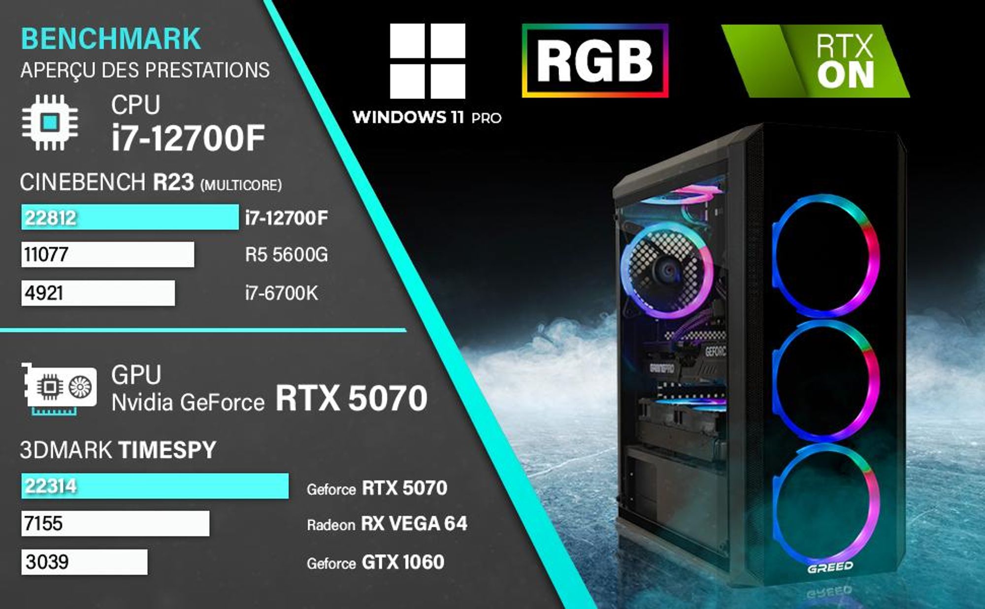 Greed® MK2 Pro - PC Gamer - Intel i7 12700F - NVIDIA RTX 5070 - Ordinateur avec 4,9 GHz - 32 Go DDR4 - SSD 1 To - Watercool - Wi-Fi - Win11 Pro