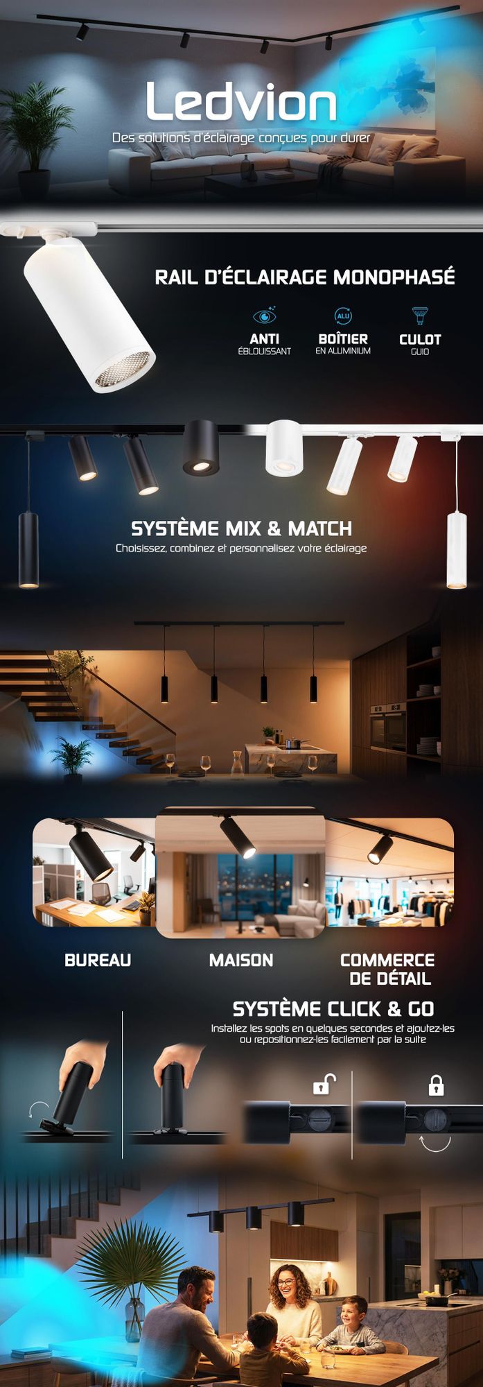 Ledvion systeme rail LED 2m monophase Blanc 5 spots sans ampoule GU10