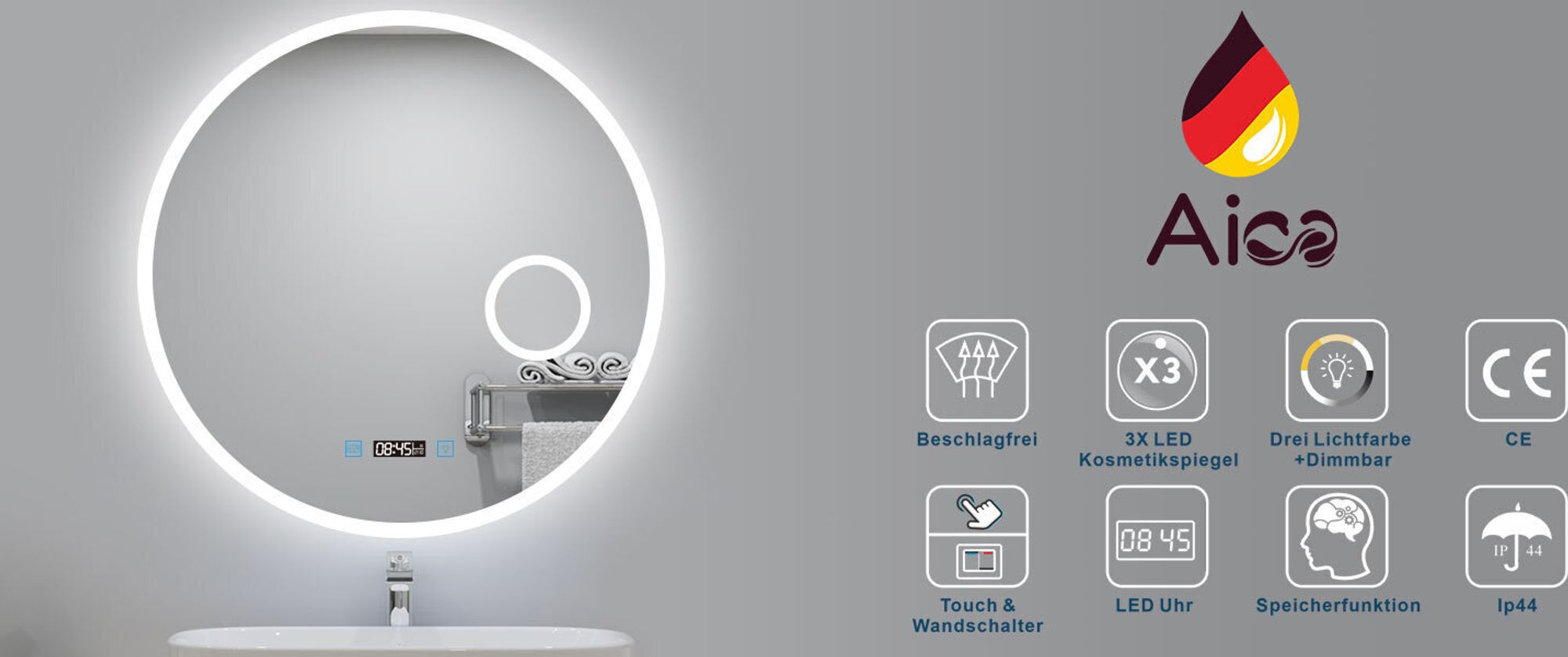 AICA LED Badspiegel Rund 70cm mit Touch/Wandschalter Beschlagfrei Kalt/Neutral/Warmweiß Dimmbar Badezimmerspiegel mit Uhr und 3-Fach Kosmetikspiegel IP44