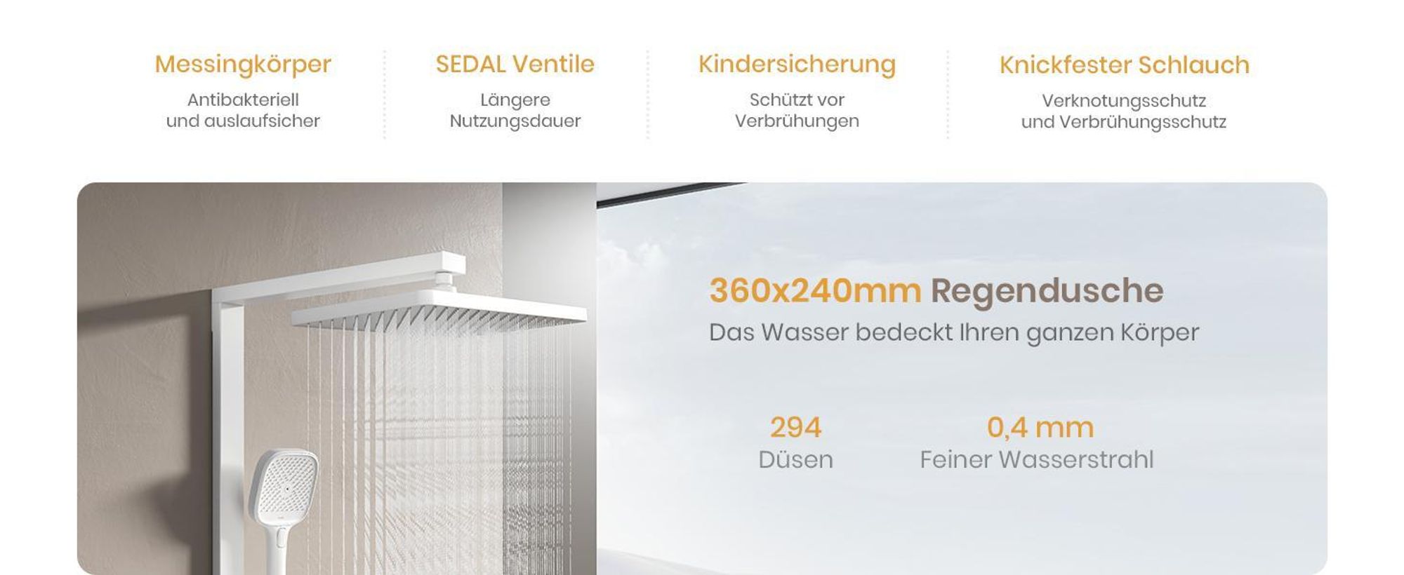 EMKE Duschsystem mit Thermostat Duschsäule Weiß mit 360×240mm Regendusche eckig, Badewannenauslauf, Wassermengenregler & Glasablage F27