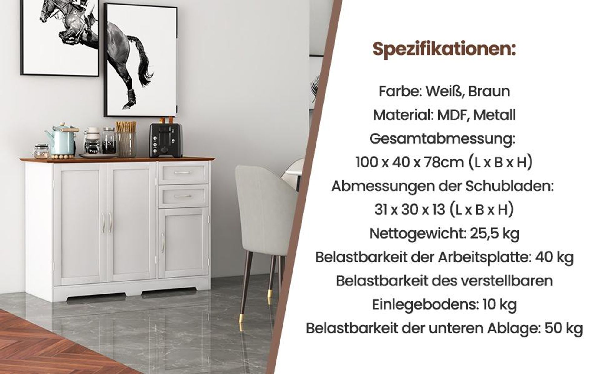 COSTWAY Sideboard Küchenschrank Weiß, Kücheninsel mit Arbeitsplatte 100×40cm Buffetschrank mit 3-Türen, 2 Schubladen & verstellbare Ablagen