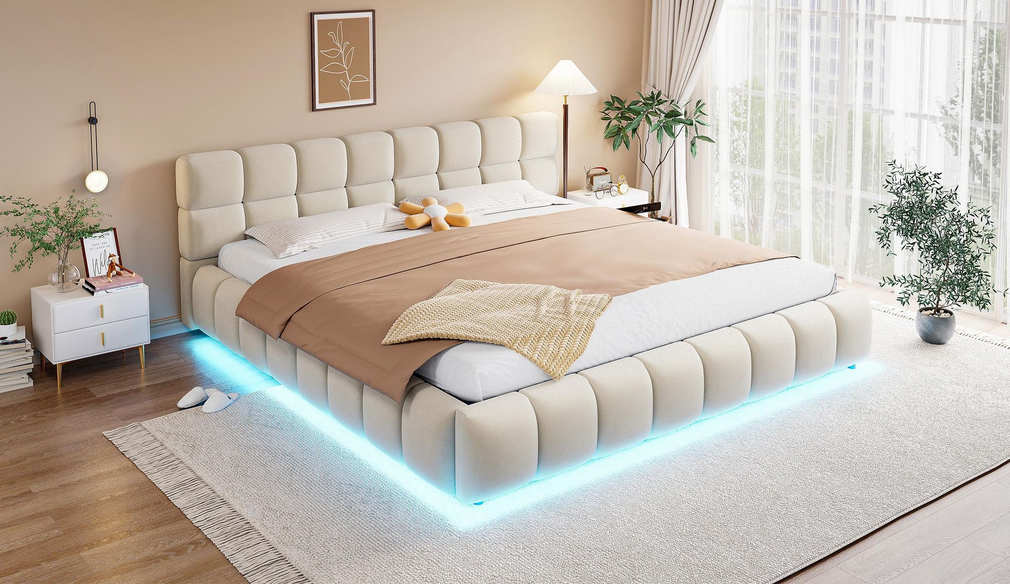 okwish Polsterbett 180×200 mit LED und App-Steuerung, Jugendbett mit Bettkasten undgepolstertem Kopfteil,Doppelbett Beige,ohne Matratze