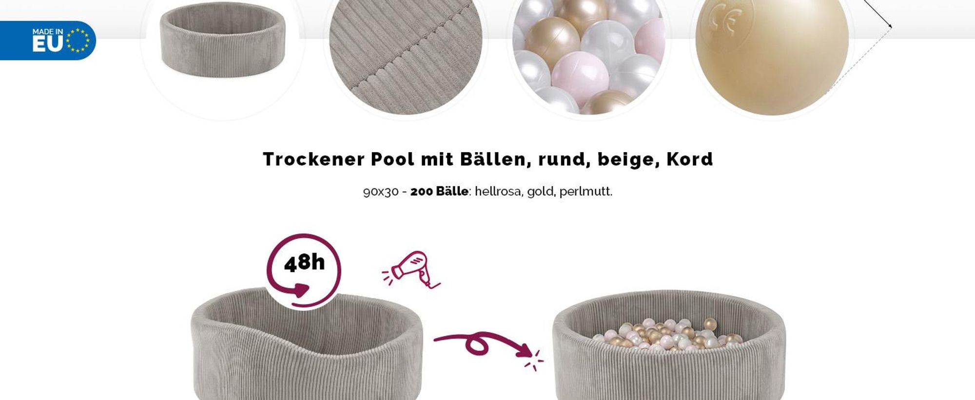 MISIOO Bällebad mit Schaumstoff-Füllung - 90x30cm - 200 Bälle für Bällebad - Hochwertige Bällebad Bälle für Kinder - Sicheres Spielzeug - Beige