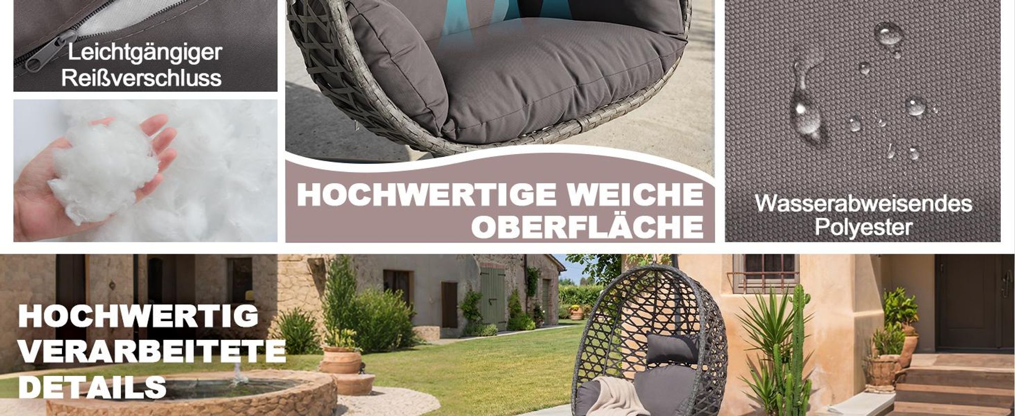 Avestar Terrassen-Schaukel-Hängesessel mit weichen Kissen, Dunkelgrau