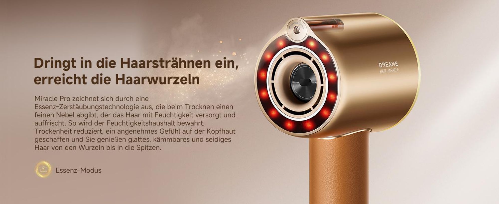 Dreame Miracle Pro Haartrockner,Rotlicht-Kopfhautpflege,Haarpflege mit negativen Ionen,130K U/min,4 Temperaturstufen,2 Gebläsestufen,Ledergriff,Gold