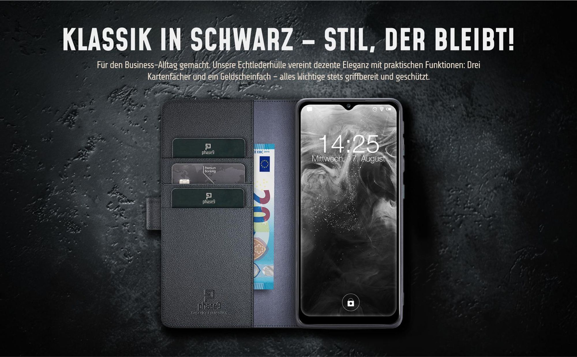 Echtleder Klapphülle für Samsung Galaxy A14 / A14 5G mit drei Kartenfächern und Geldfach
