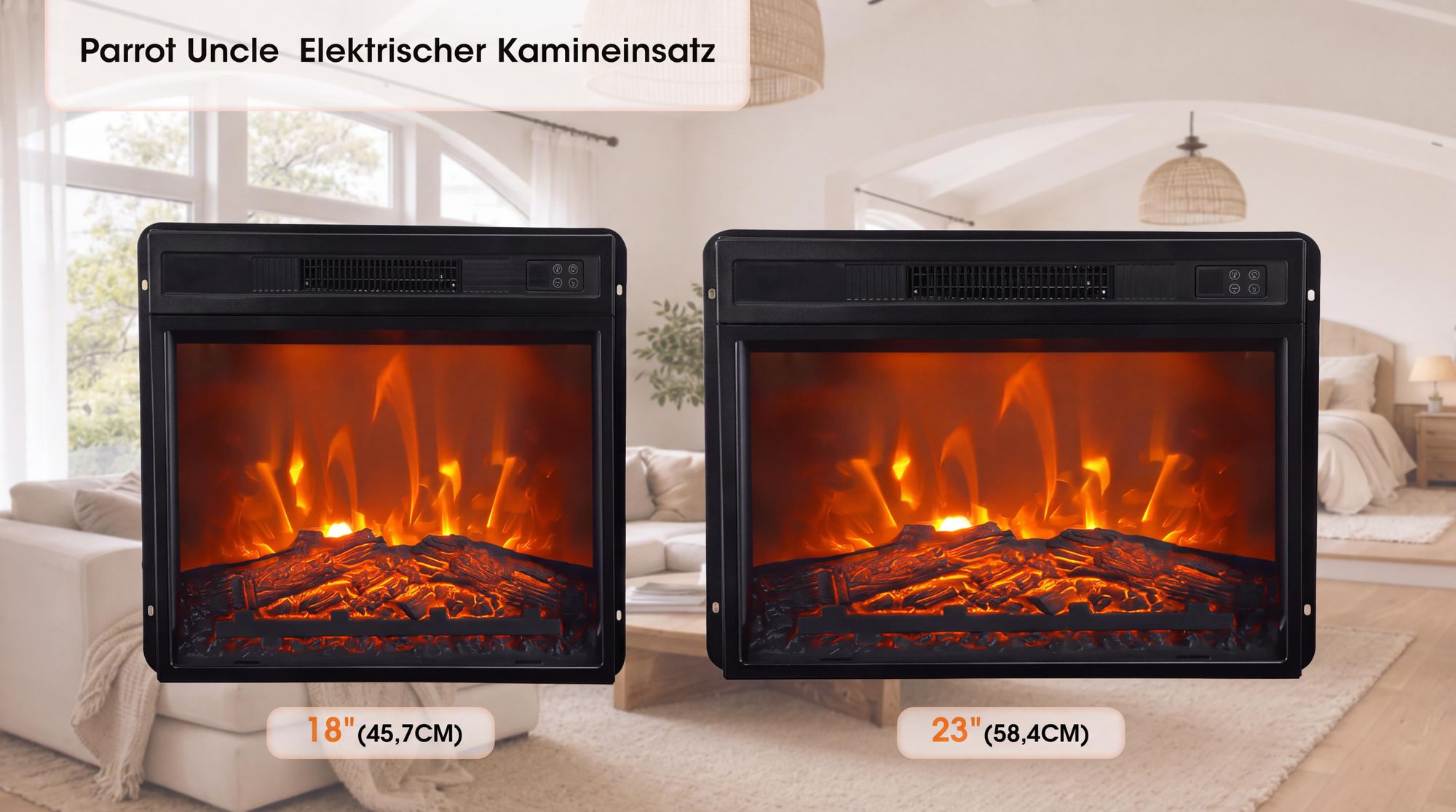 Parrot Uncle Elektrischer Kamin, 48.7cm, Schwarz, Einbau-Design, 1800W Heizung, Realistische Flammenoptik, Wohnzimmer & Schlafzimmer, Fernbedienung