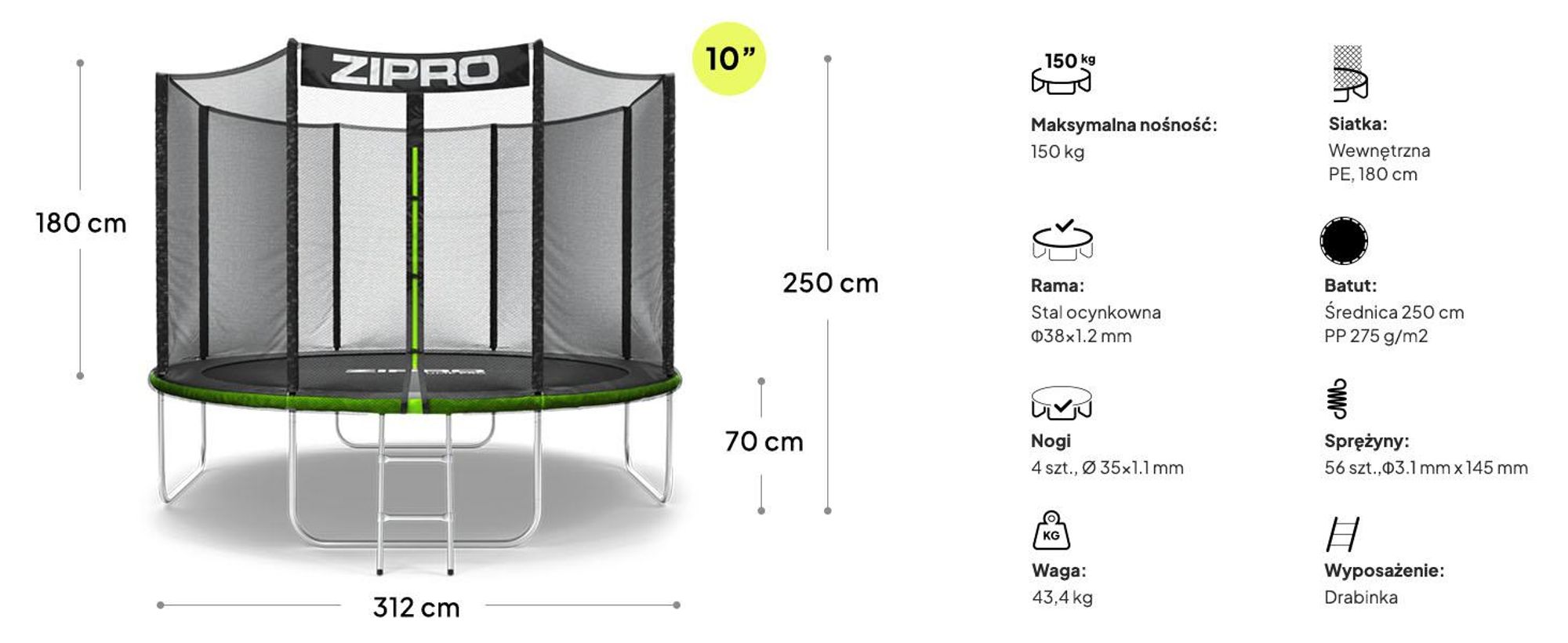 Trampolina ZIPRO Jump Pro Out | 10FT Ø 312 cm | Trampolina ogrodowa dla dzieci Kompletny zestaw zawierający siatkę zewnętrzną, drabinkę i osłonę krawędziową, do użytku na zewnątrz, kolor zielony