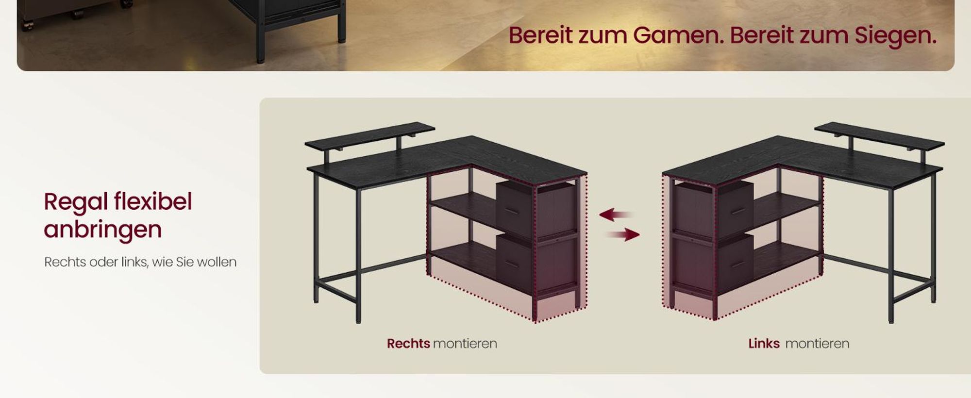 VASAGLE  L-förmige Schreibtisch Eckschreibtisch  Computertisch mit Schubladen 135cm schwarz