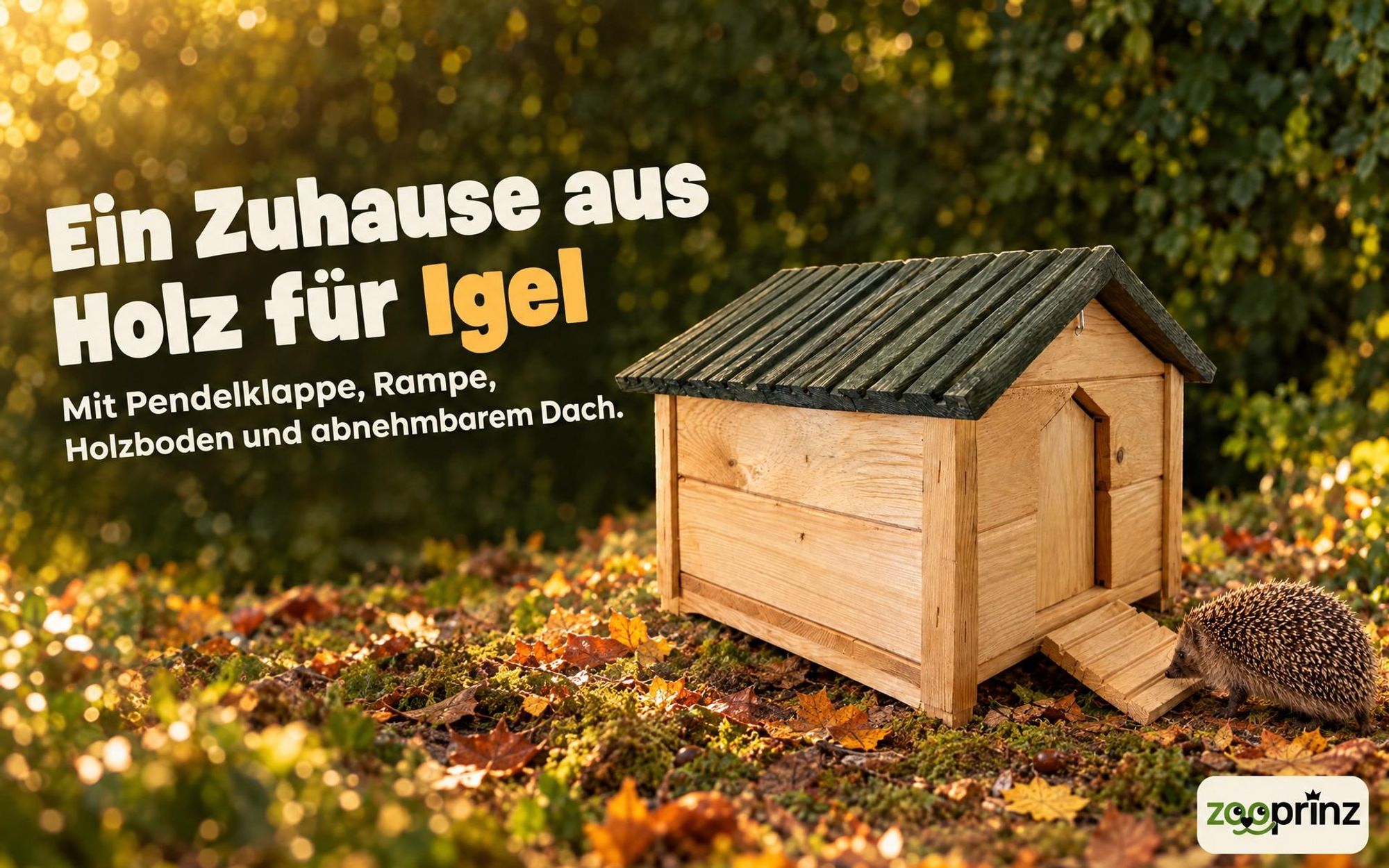 zooprinz Igelhaus Milo aus Holz im Garten mit Pendelklappe und Rampe