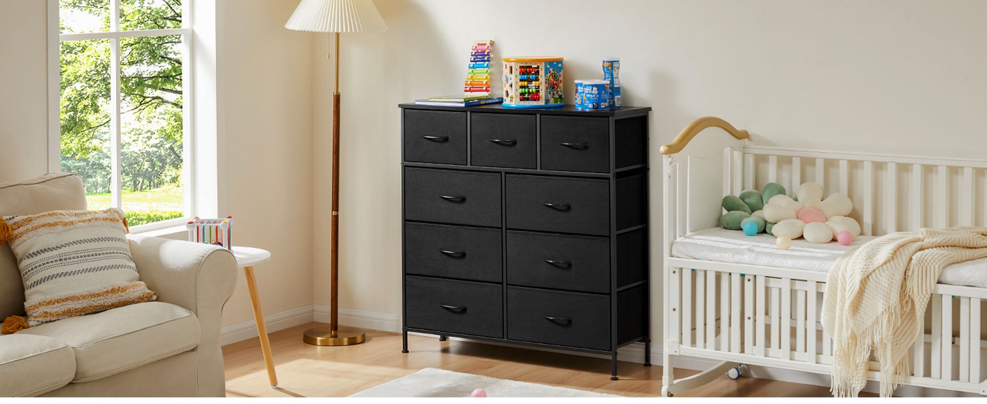 Sweetcrispy Kommode mit 9 Stoffschubladen ,Stoffkommode mit Stabilem Stahlrahmen, Ideal für Schlafzimmer, Wohnzimmer Mehrzweckschrank Schrank