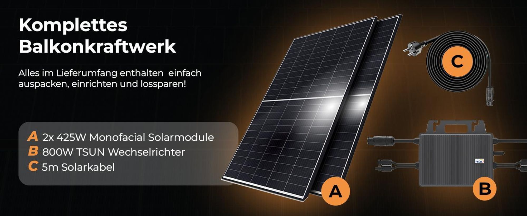 SUNNIVA® 850W Balkonkraftwerk komplett Steckdose - TSUN 800W Micro Wechselrichter, PV Solaranlage, 2x 425W Solarmodule, inkl.5m Kabel, WIFI, Bluetooth