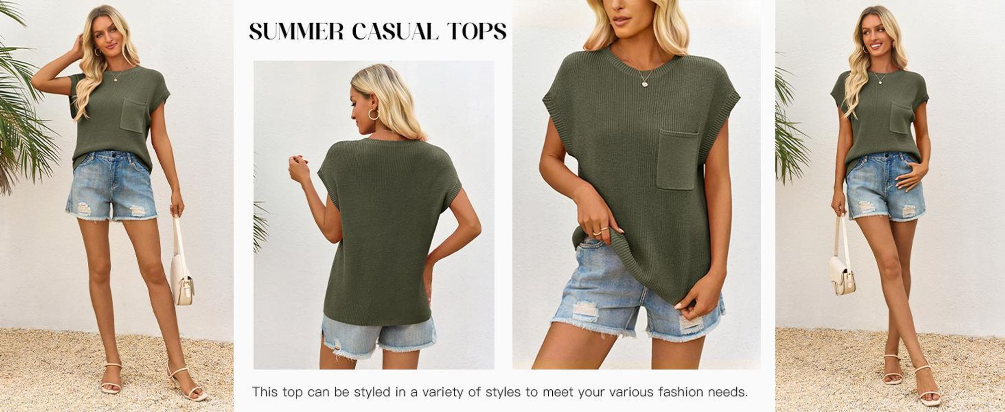 Damen-Strickwaren für Sommer und Herbst – Kurzarm, Rundhalsausschnitt, gerippter Westenstil
