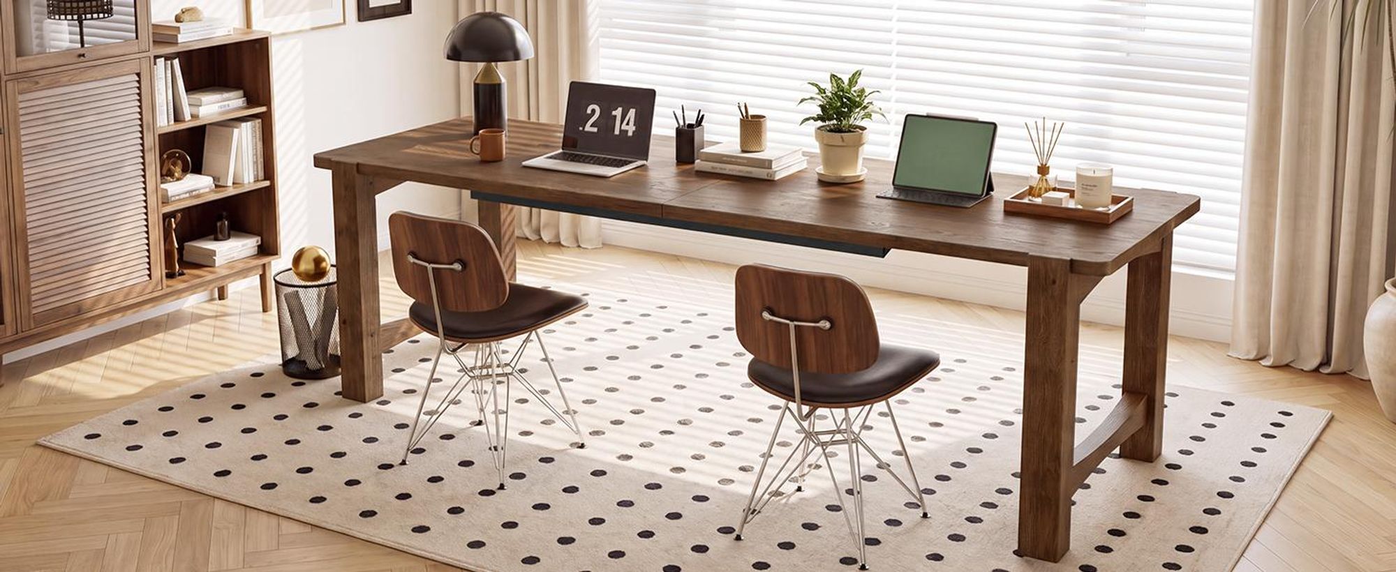 Massivholz Schreibtisch, extra langer Computertisch ca. 200 cm Schreibtisch im Landhausstil mit massiven Beinen,großer Arbeitsfläche Home-Office,Braun