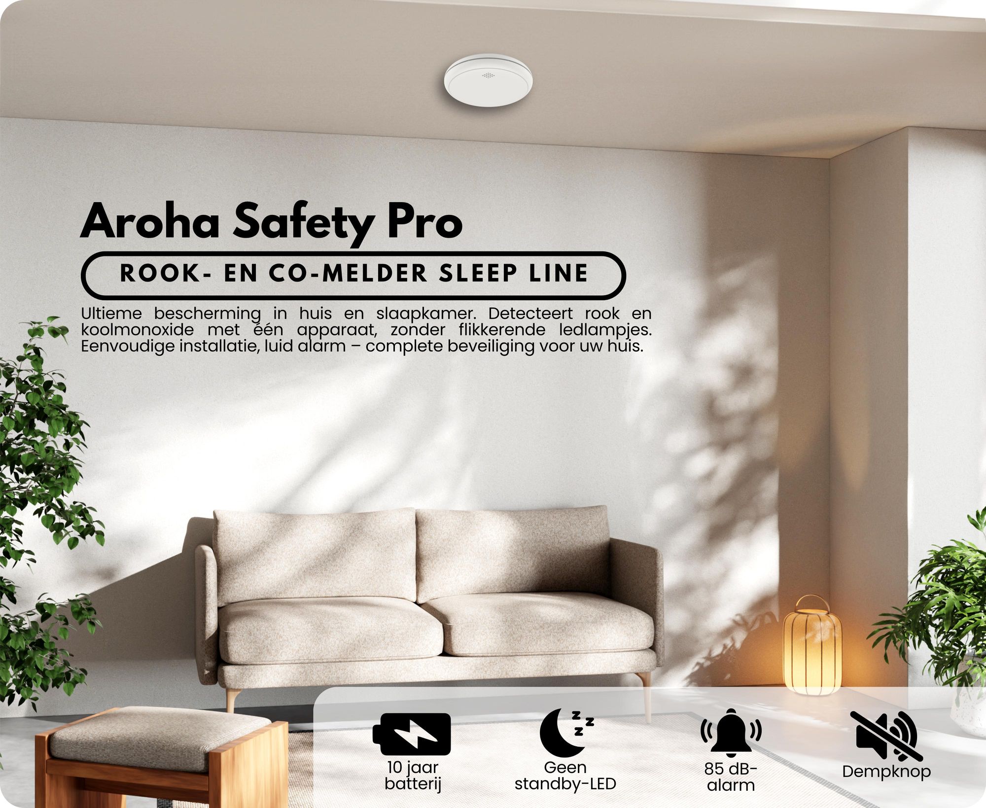 Aroha Safety Pro: Combinatie rookmelder en koolmonoxidemelder - 10 jaar batterijduur - Sleep Line - 1 set