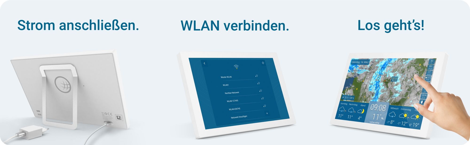 Das Bild beschreibt die Einrichtung: Strom anschließen, WLAN verbinden, fertig.