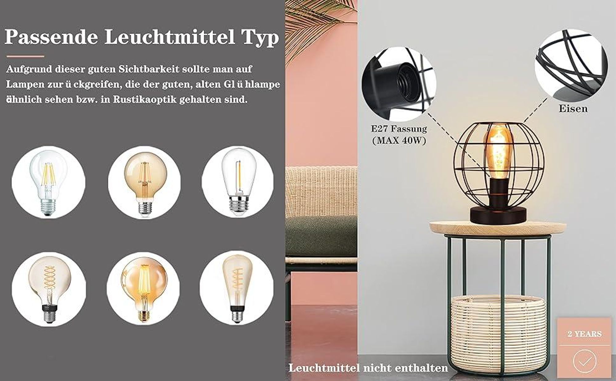 ZMH Tischlampe Vintage Tischleuchte Schwarz Retro Nachttischlampe Lampe E27 Fassung aus Metall Schlafzimmerlampe - Leuchtmittel Exklusiv