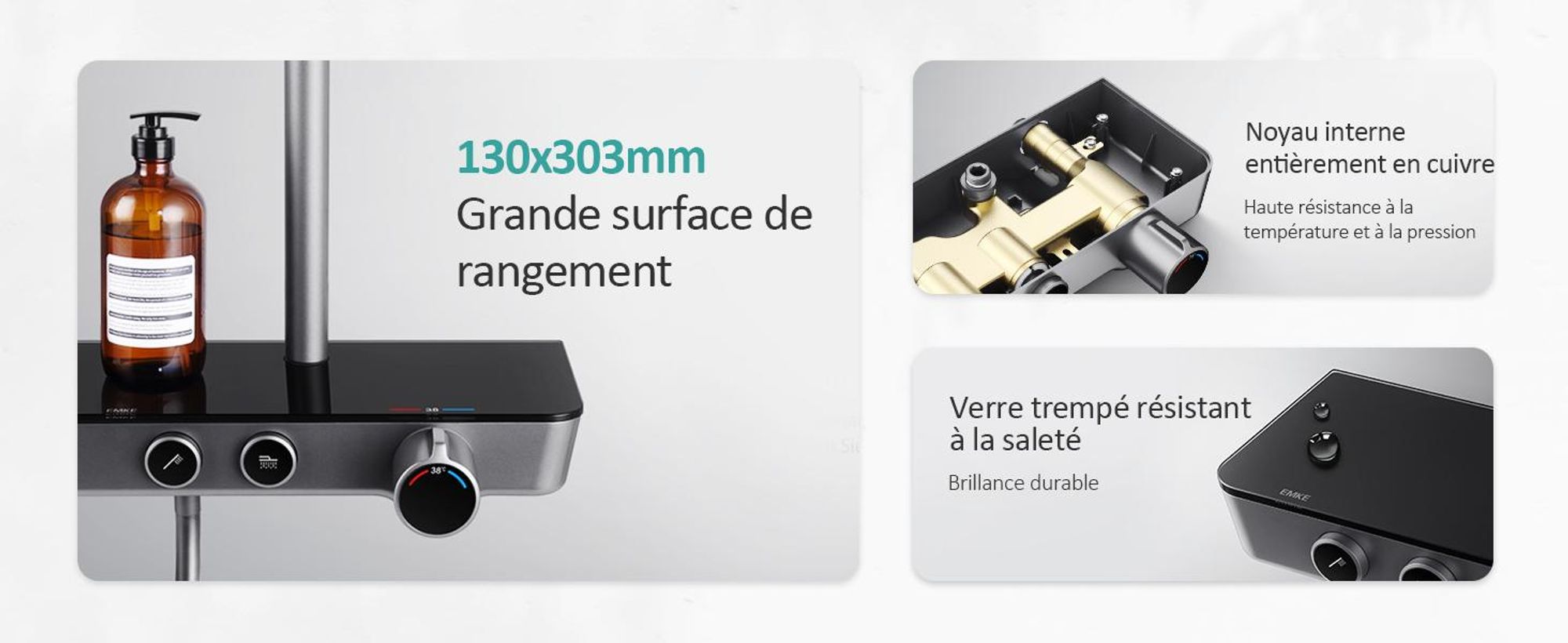 EMKE Système de douche avec thermostat, set de douche en acier inoxydable avec douchette à main 3 fonctions, robinetterie de salle de bain & douche,  KTW, gris- F08