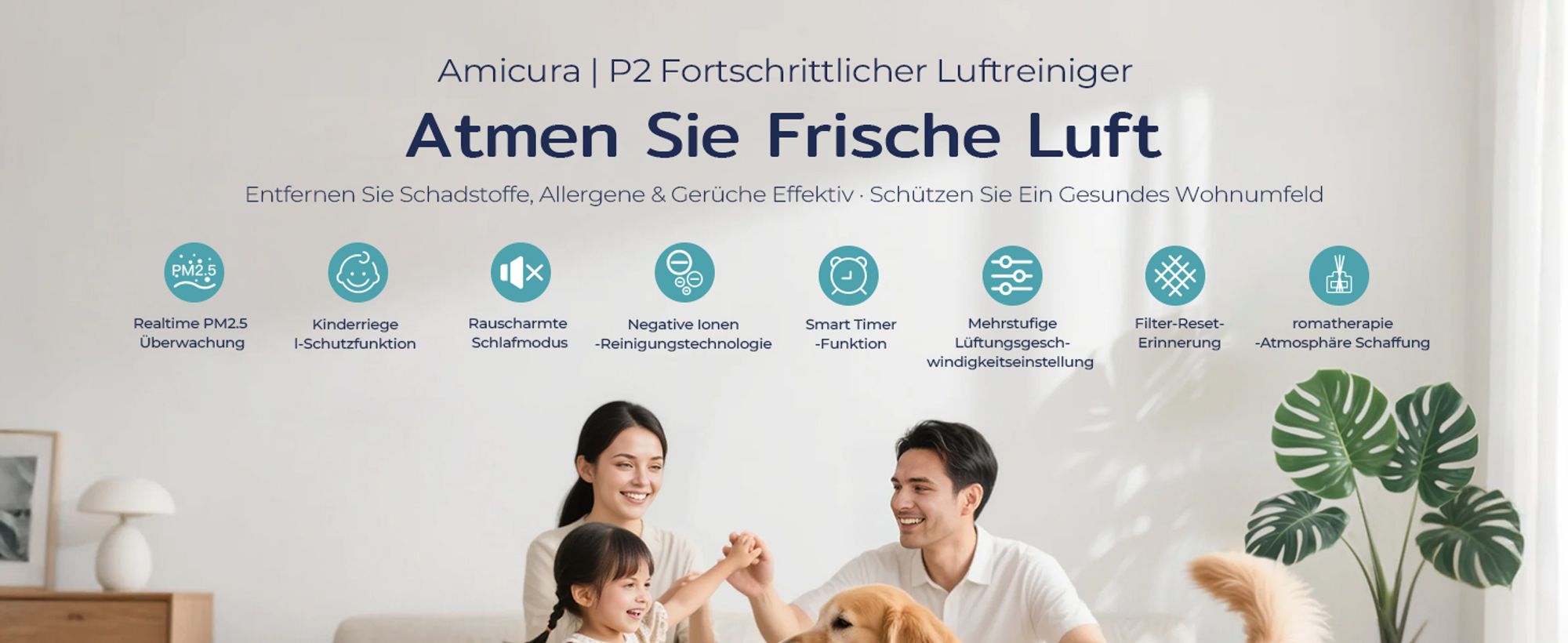 Amicura P2 Luftreiniger für Haustierallergiker, 843m³/h Tierhaarentfernung, 450 CADR - 99% Geruchsneutralisation, H13 Filter, App-Steuerung