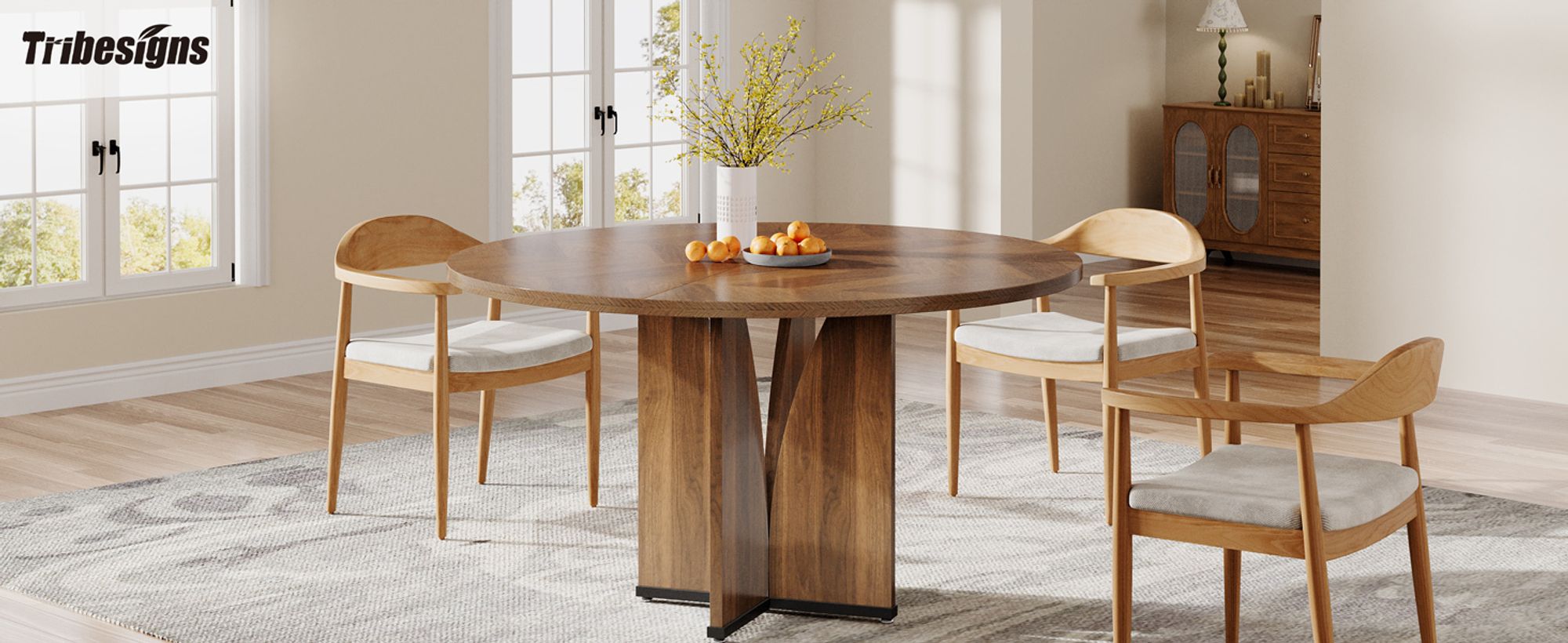Tribesigns runder Esstisch, für 4 Personen, mit Holzplatte und Beinen, mit stabilem X-Gestell, 100*100*75 cm, Esszimmer und Wohnzimmer, rustikal Braun