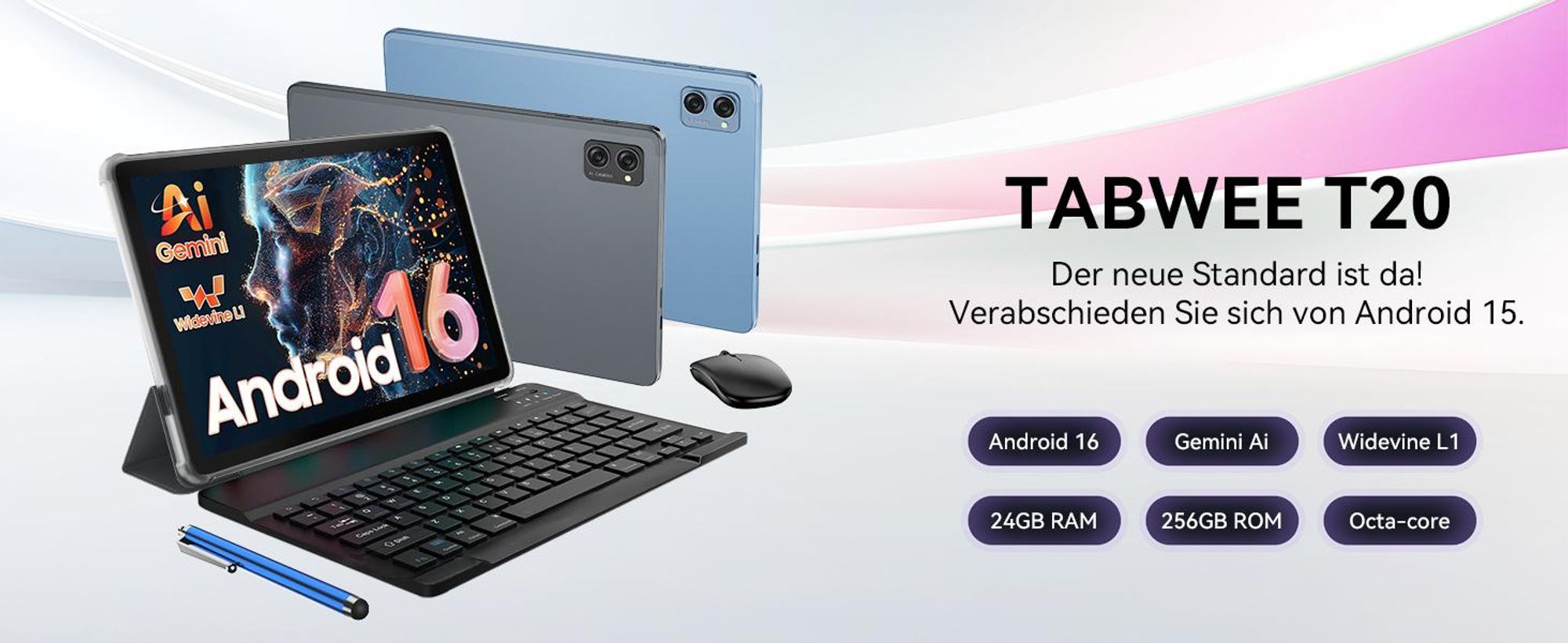 TABWEE T20 Android 16 Tablet 10.1 Zoll, 24GB(8+16) RAM+256GB ROM(2TB TF) mit Zubehör Tablet-PC, Widevine L1, 5G WiFi, Gemini Al