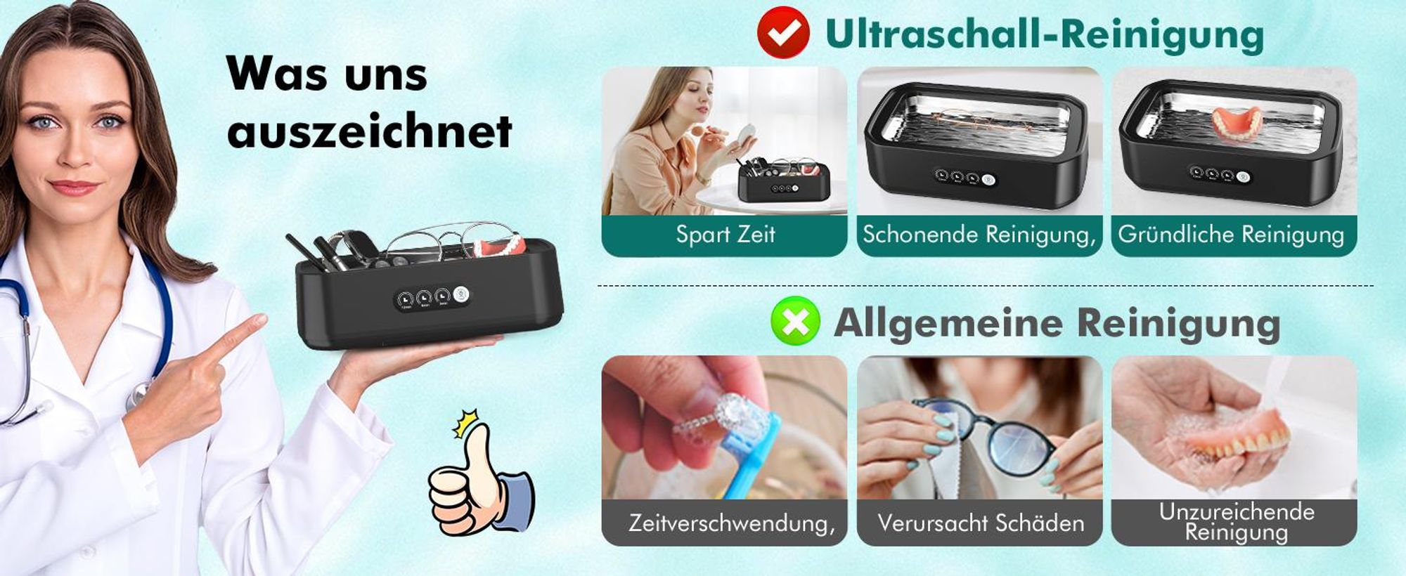 Ultraschallreiniger, Ultraschallreinigungsgerät, 650ml 48.000Hz Ultraschallgerät, 360° Tiefenreinigung, für Gläsern, Schmuck, Zahnersatz