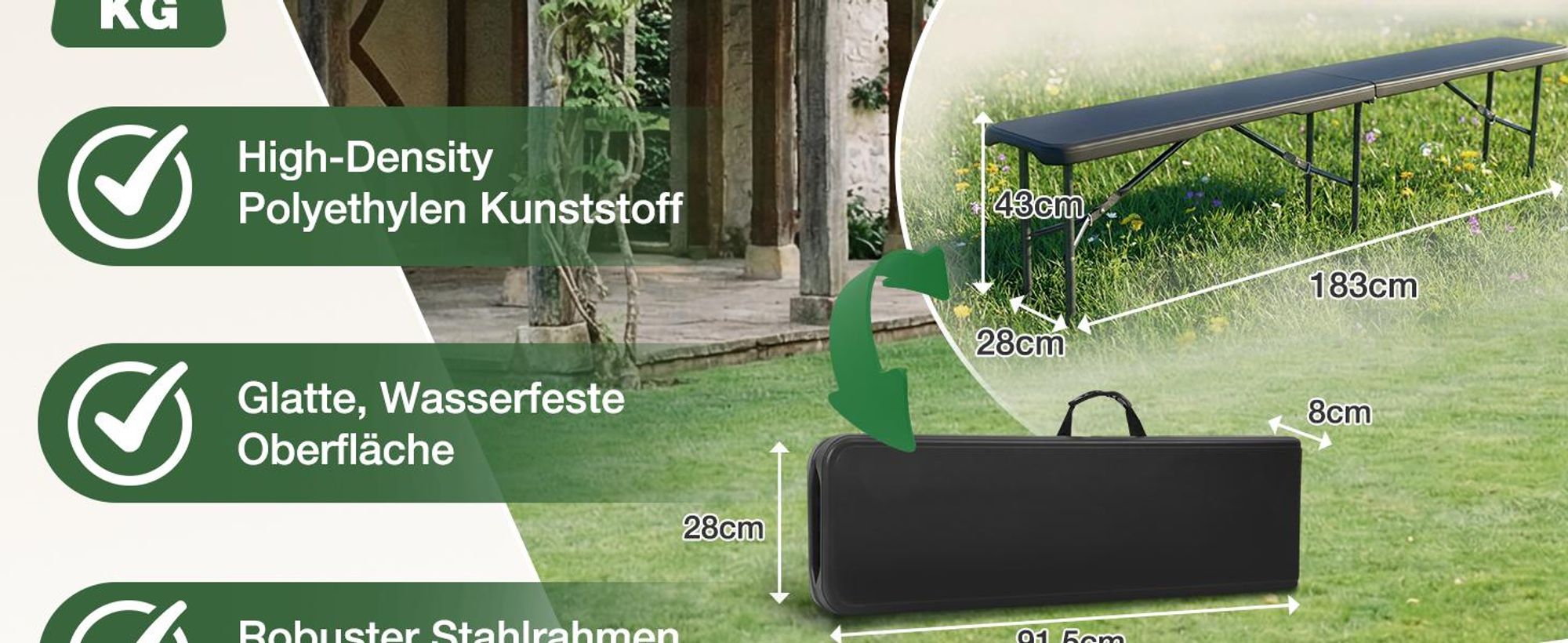 Sekey 2er Set Bierbank Klappbar 8 Personen 183cm Klappbank Campingbank, Schwarz