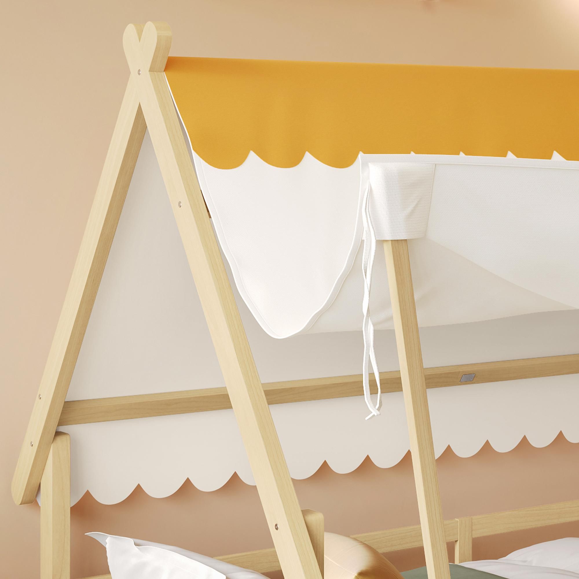 Flieks Kinderbtt Hausbett 90x200cm mit abnehmbarem Zelt, Bodenbett Einzelbett mit Rausfallschutz und Lattenrost, Naturbelassen