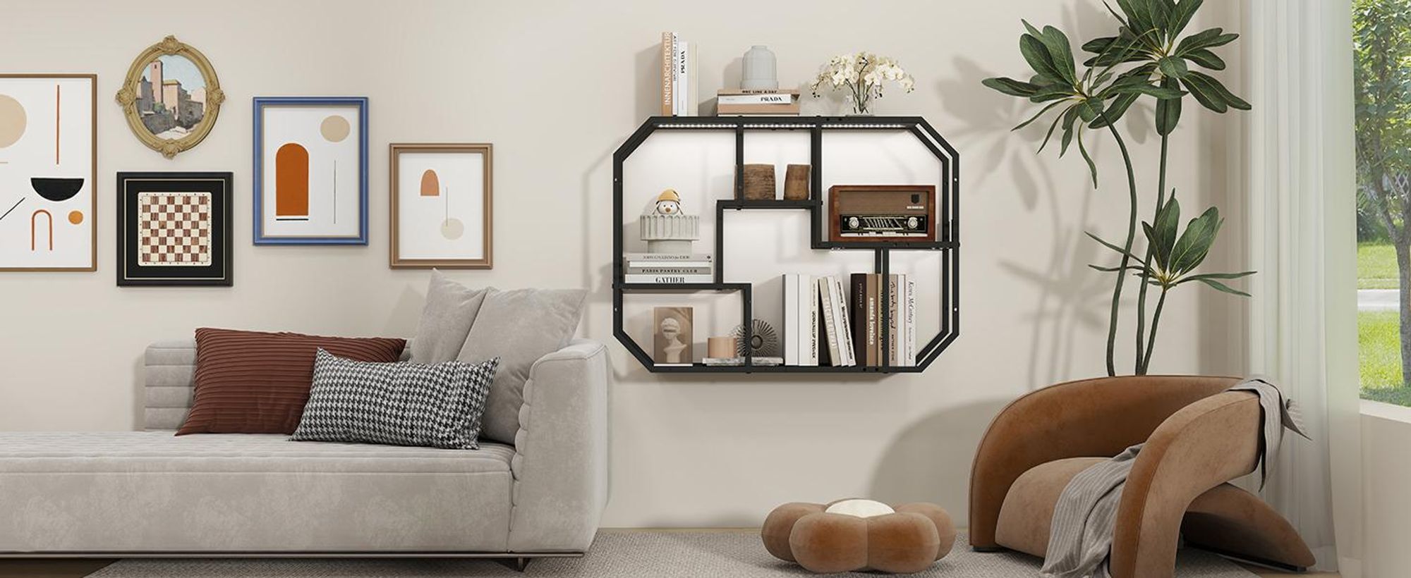 Puluomis LED Wandregal mit Musik-Modus 85x63cm, Beleuchtetes Regal mit 7 Farben 58 Modi, Wand- oder Bodenmontage mit Anti-Kipp, Für Wohnzimmer Bar