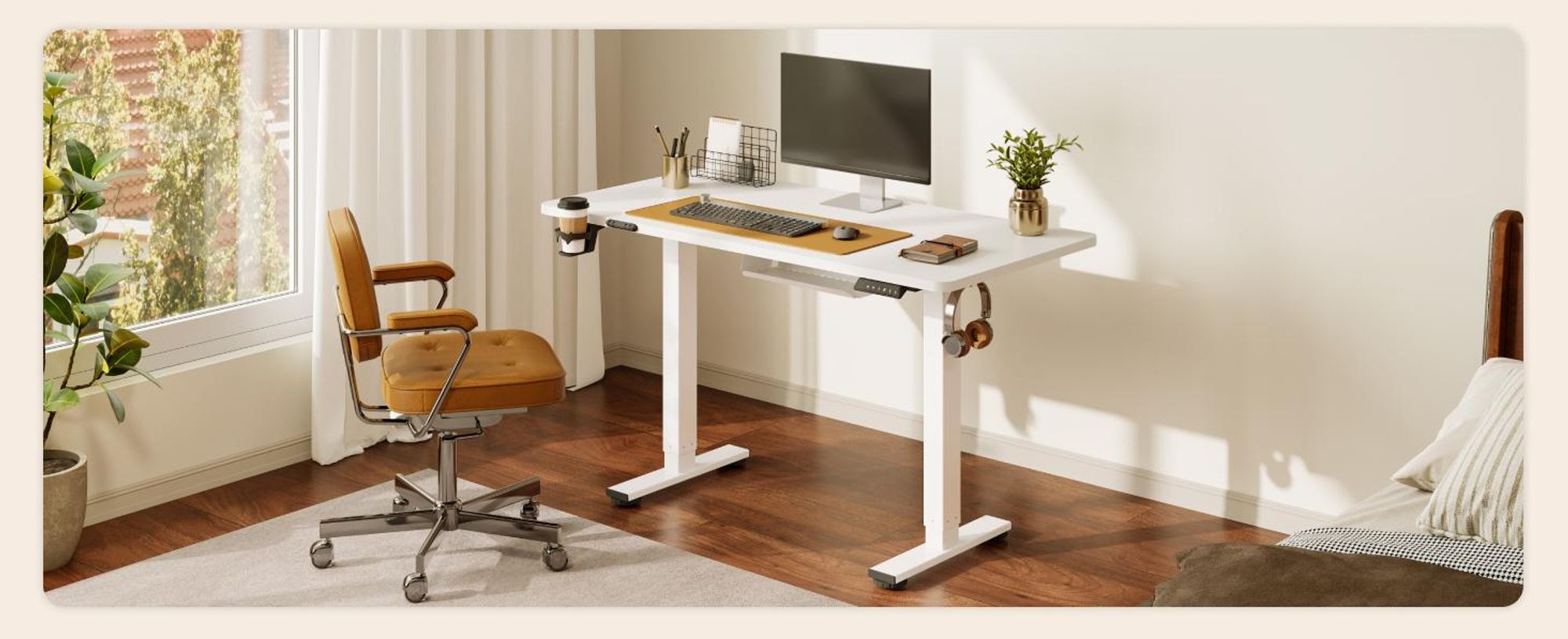 SANODESK QS1 Höhenverstellbarer Schreibtisch, EINTEILIGE TISCHPLATTE, 4 Memory-Funktion, 70 kg Tragkraft, Haken, Kabelmanagement, 110x54cm (Weiß)