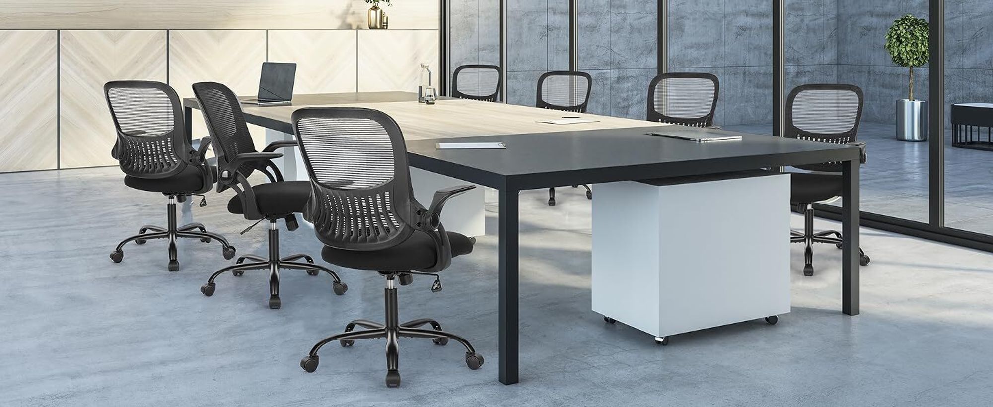 Bürostuhl Ergonomisch, Bürostuhl – Ergonomischer Sitz – Sessel mit 90° klappbarer Armlehne – Lordosenstütze – höhenverstellbar - Schwarz