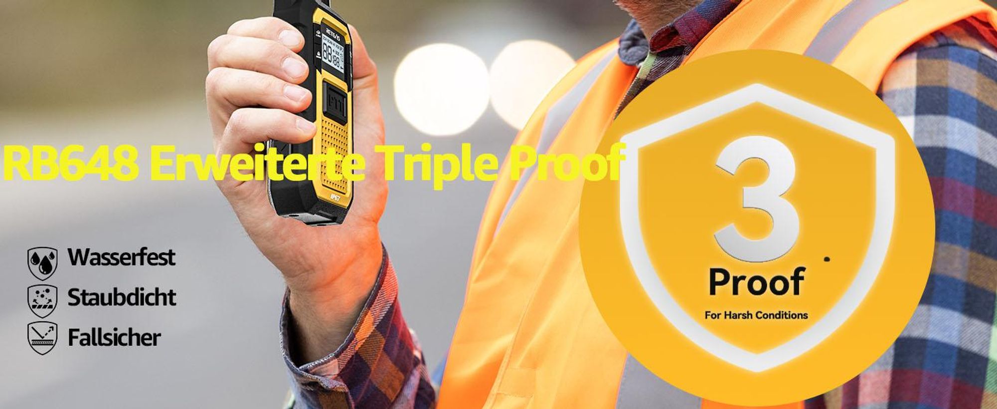 Retevis RB648 Heavy Duty Walkie Talkies, Wasserdichtes Funkgerät IP67, Dual PTT, 2000mAh Type C Ladung, Notfall Walkie Talkie Erwachsene für Baustelle (2 Stück)