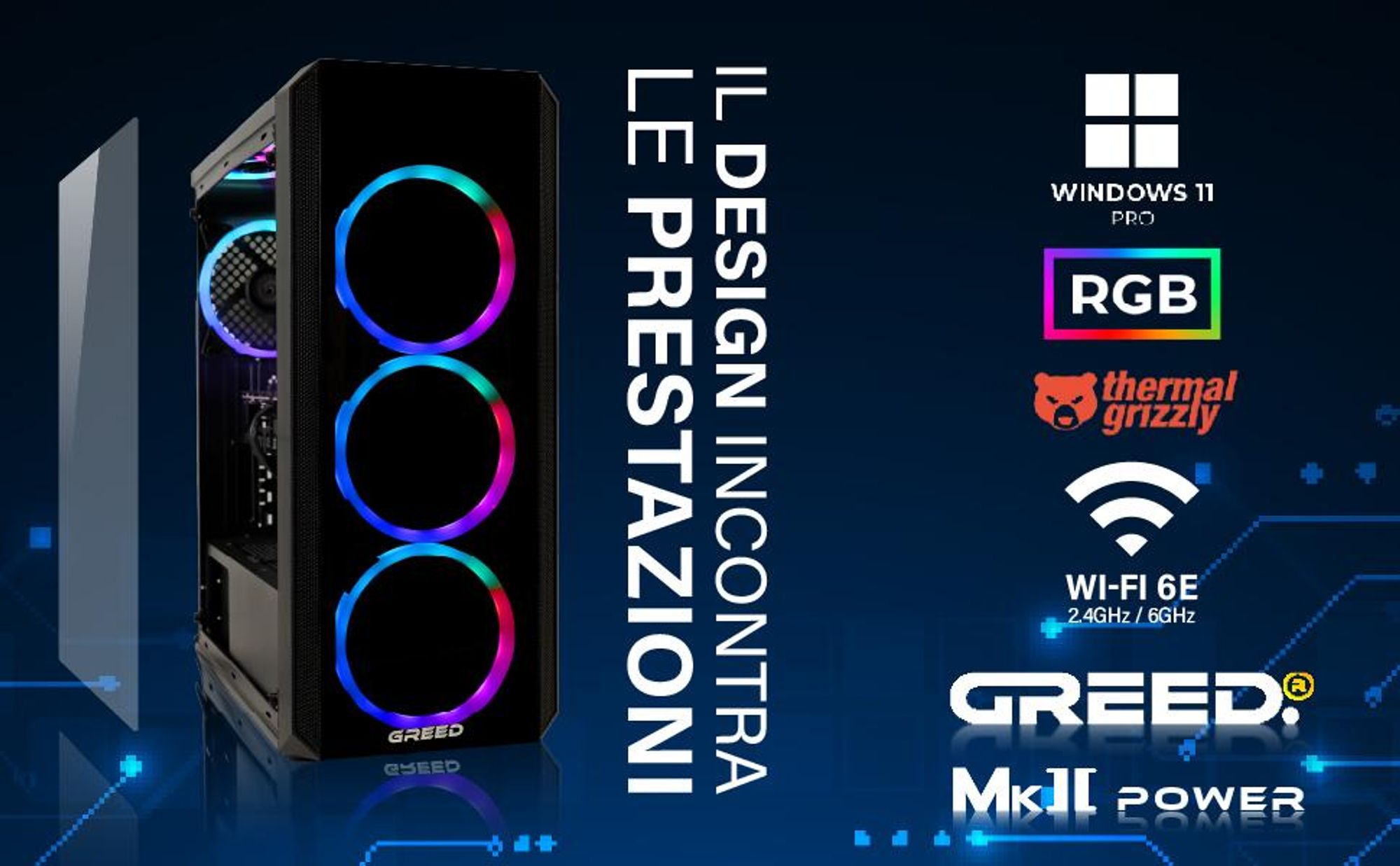 Greed® MK2 AMD Power - PC Gaming - AMD Ryzen 7 5700X -AMD Radeon RX 9070 16 GB - 4K - Computer con 4,7 GHz - 32GB RAM - SSD 1 TB - WiFi - Win11 Pro