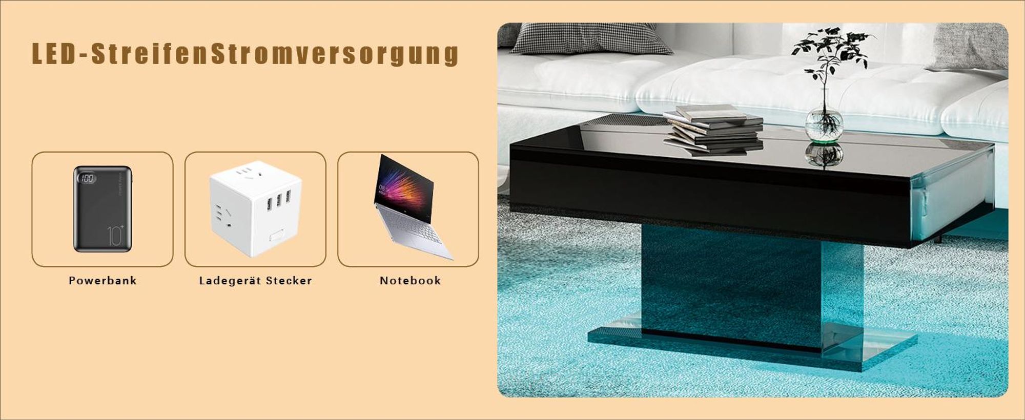 Radelldar Modern Couchtisch Wohnzimmertisch Hochglanz mit Beleuchtung, USB, 110x55x50cm, Schwarz