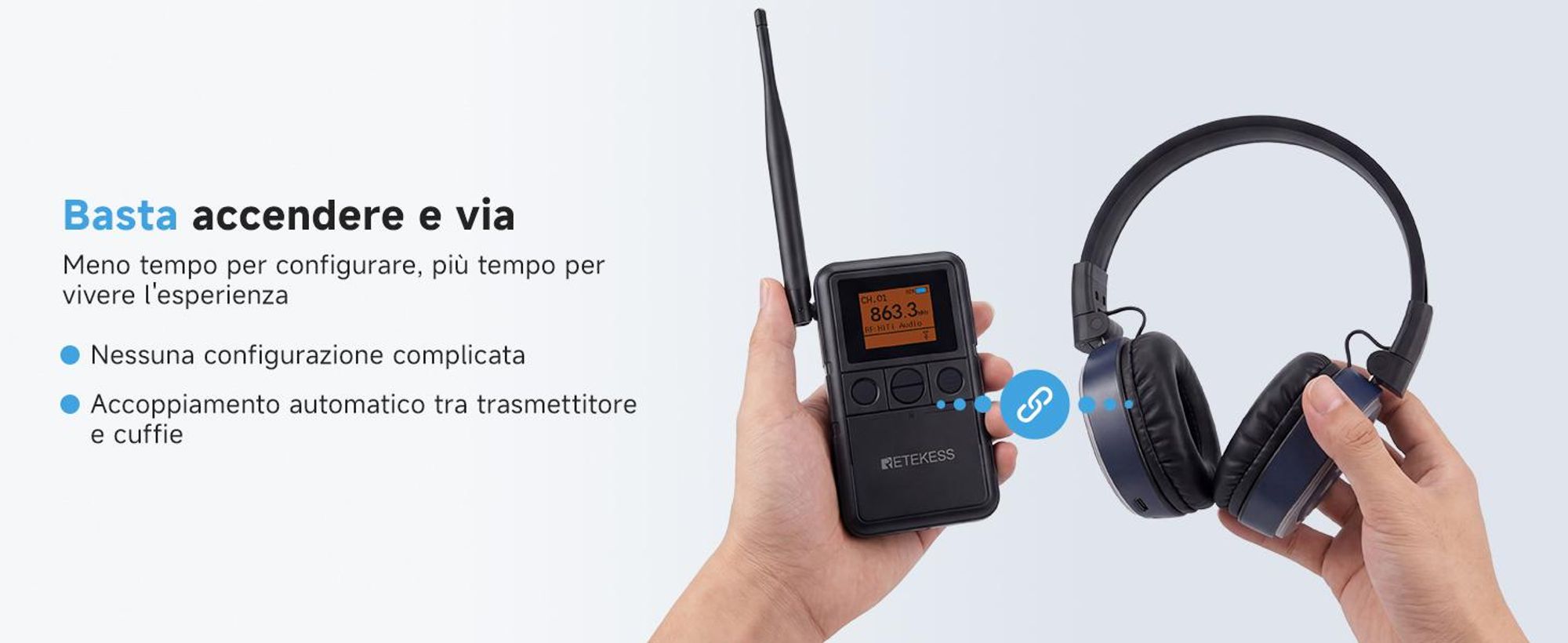 Sistema di cuffie per silent disco Retekess TA003P-TA004S, a mani libere, qualità audio Hi-Fi, LED a 3 canali, 12 ore di autonomia, vestibilità stabile, potenziamento dei bassi, ideale per fitness, yoga e feste