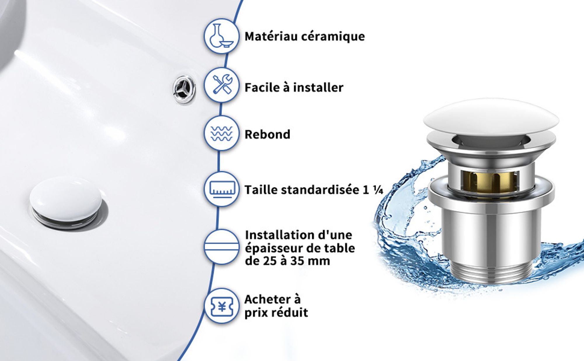 Bonde de lavabo en céramique, bonde de lavabo universelle blanche, couvercle rond en céramique avec trop-plein